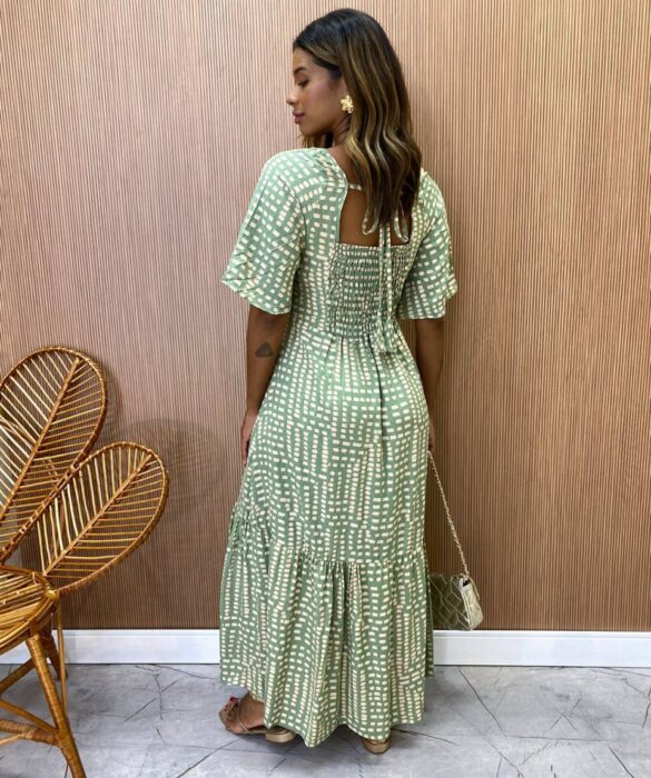 Vestido Midi Manga Curta sem Bojo Isabella Estampado Verde Oliva - Fernanda Ramos Store