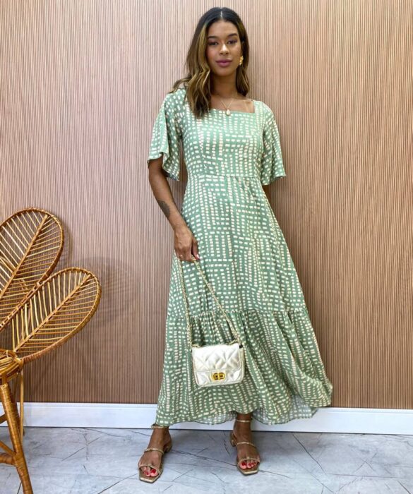 Vestido Midi Manga Curta sem Bojo Isabella Estampado Verde Oliva - Fernanda Ramos Store