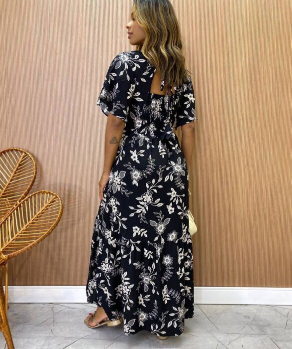 Vestido Midi Manga Curta sem Bojo Isabella Floral Preto - Fernanda Ramos Store