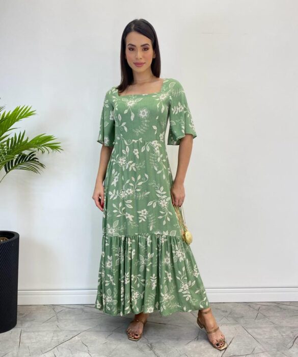 Vestido Midi Manga Curta sem Bojo Isabella Floral Verde - Fernanda Ramos Store