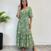 Vestido Midi Manga Curta sem Bojo Isabella Floral Verde - Fernanda Ramos Store