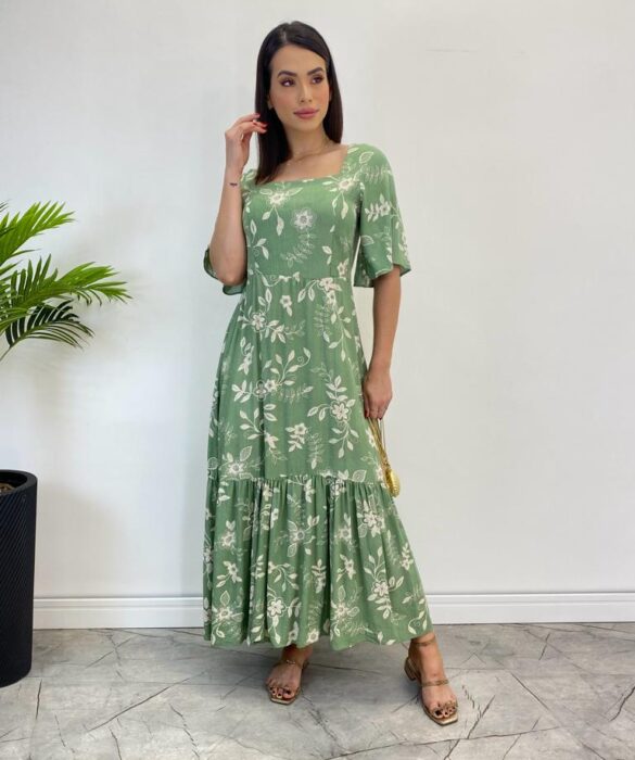 Vestido Midi Manga Curta sem Bojo Isabella Floral Verde - Fernanda Ramos Store