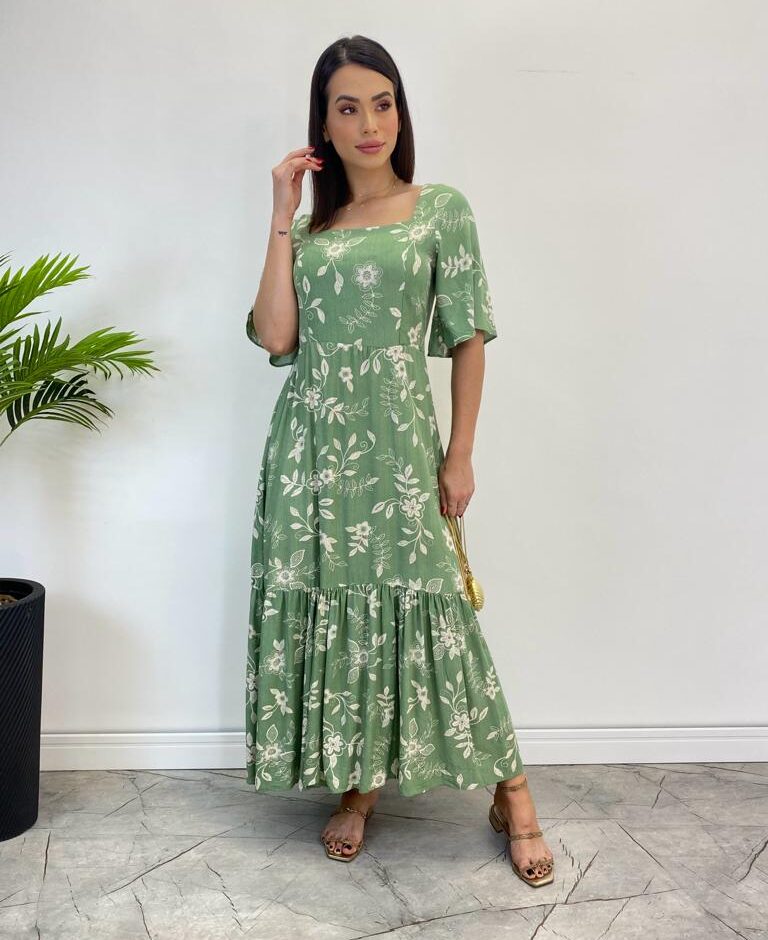 Vestido Midi Manga Curta sem Bojo Isabella Floral Verde - Fernanda Ramos Store