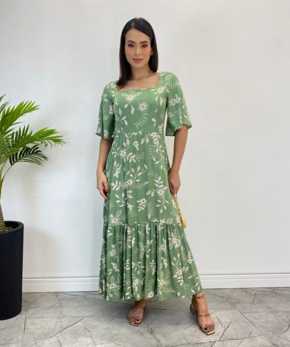 Vestido Midi Manga Curta sem Bojo Isabella Floral Verde - Fernanda Ramos Store