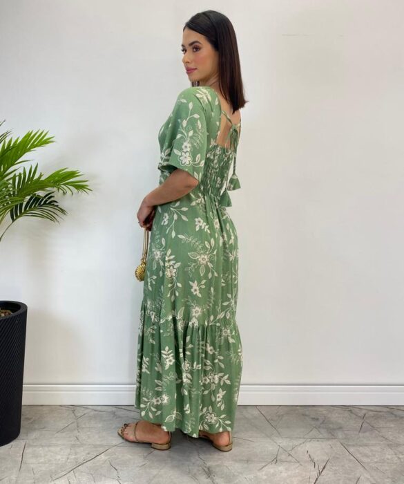 Vestido Midi Manga Curta sem Bojo Isabella Floral Verde - Fernanda Ramos Store