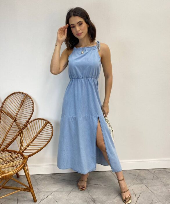 Vestido Midi sem Bojo com Fenda e Canaleta Sarja - Fernanda Ramos Store