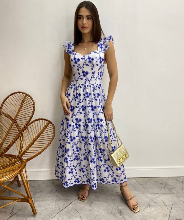 Vestido Midi sem Bojo Tricoline Betina Bordado Azul Fundo Branco - Fernanda Ramos Store