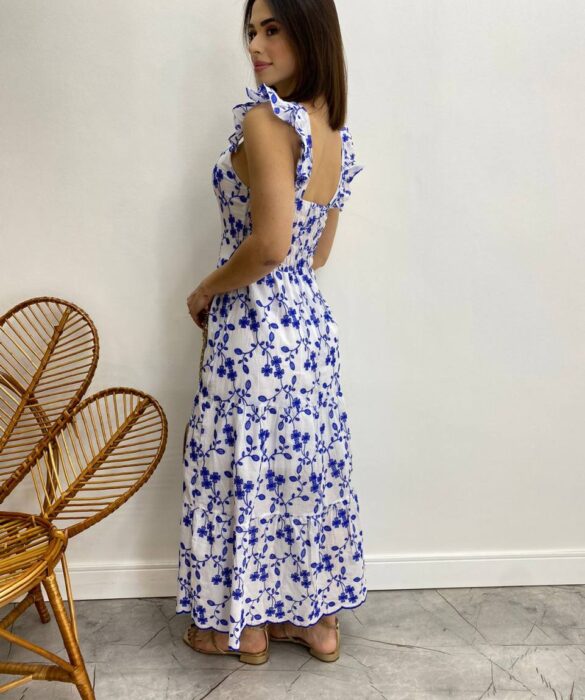 Vestido Midi sem Bojo Tricoline Betina Bordado Azul Fundo Branco - Fernanda Ramos Store