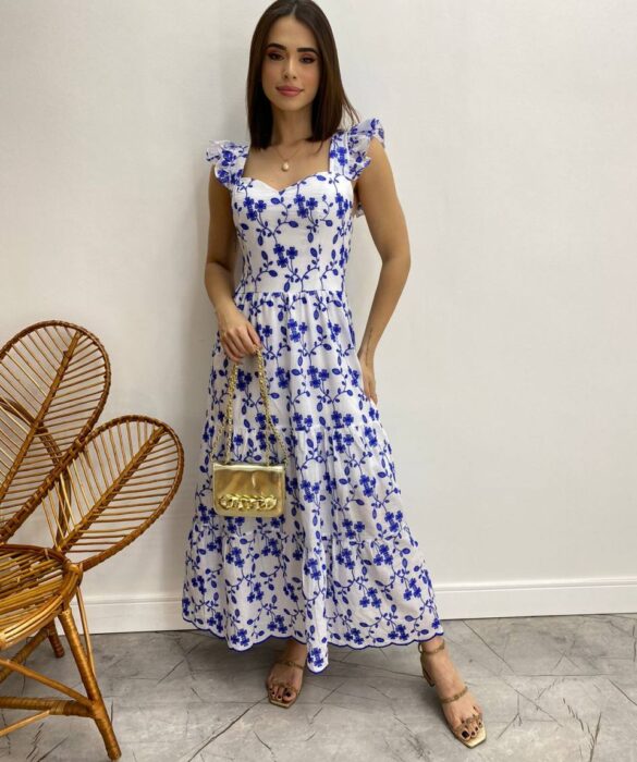 Vestido Midi sem Bojo Tricoline Betina Bordado Azul Fundo Branco - Fernanda Ramos Store