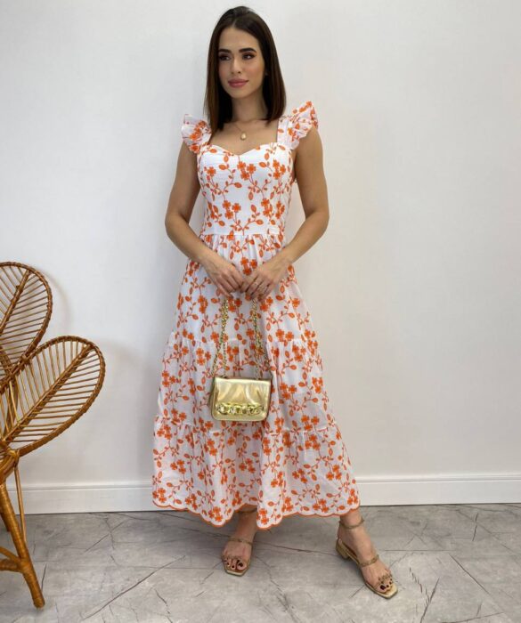 Vestido Midi sem Bojo Tricoline Betina Bordado Laranja Fundo Branco - Fernanda Ramos Store