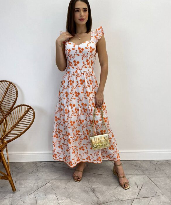 Vestido Midi sem Bojo Tricoline Betina Bordado Laranja Fundo Branco - Fernanda Ramos Store