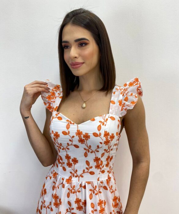 Vestido Midi sem Bojo Tricoline Betina Bordado Laranja Fundo Branco - Fernanda Ramos Store