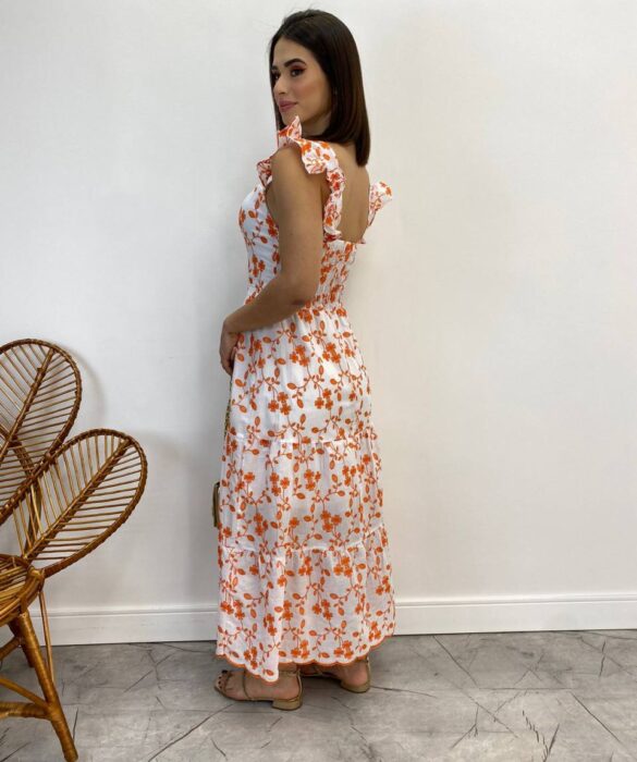 Vestido Midi sem Bojo Tricoline Betina Bordado Laranja Fundo Branco - Fernanda Ramos Store