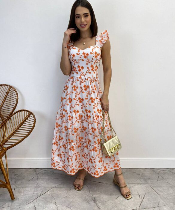 Vestido Midi sem Bojo Tricoline Betina Bordado Laranja Fundo Branco - Fernanda Ramos Store