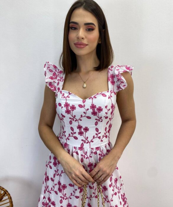 Vestido Midi sem Bojo Tricoline Betina Bordado Pink Fundo Branco - Fernanda Ramos Store