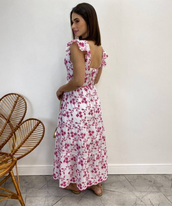 Vestido Midi sem Bojo Tricoline Betina Bordado Pink Fundo Branco - Fernanda Ramos Store