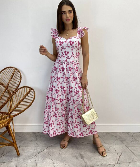 Vestido Midi sem Bojo Tricoline Betina Bordado Pink Fundo Branco - Fernanda Ramos Store