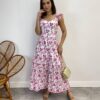 Vestido Midi sem Bojo Tricoline Betina Bordado Pink Fundo Branco - Fernanda Ramos Store