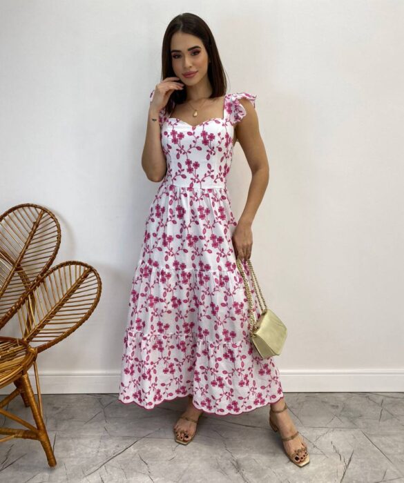 Vestido Midi sem Bojo Tricoline Betina Bordado Pink Fundo Branco - Fernanda Ramos Store