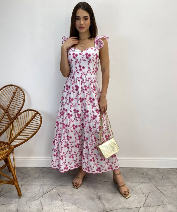 Vestido Midi sem Bojo Tricoline Betina Bordado Pink Fundo Branco - Fernanda Ramos Store