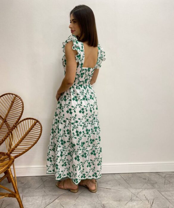 Vestido Midi sem Bojo Tricoline Betina Bordado Verde Fundo Branco - Fernanda Ramos Store