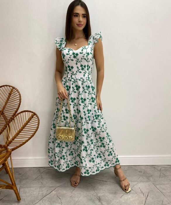 Vestido Midi sem Bojo Tricoline Betina Bordado Verde Fundo Branco - Fernanda Ramos Store