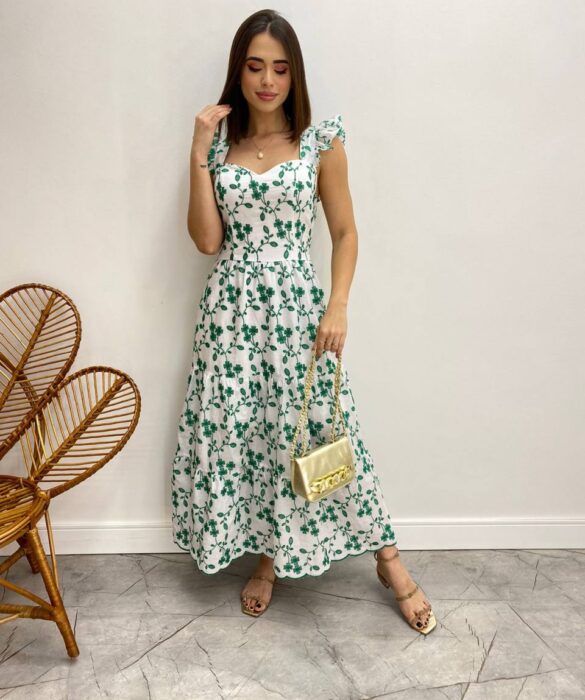 Vestido Midi sem Bojo Tricoline Betina Bordado Verde Fundo Branco - Fernanda Ramos Store