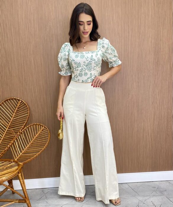 Calça Feminina Pantalona Lívia Viscolinho Cru - Fernanda Ramos Store
