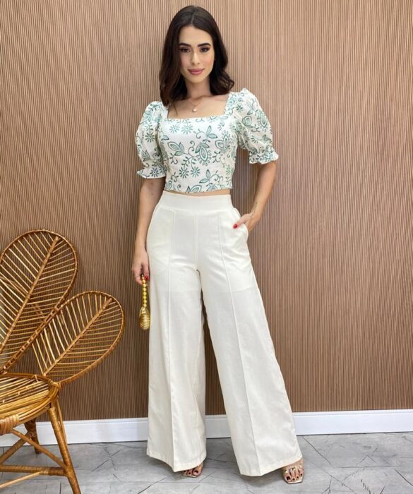 Calça Feminina Pantalona Lívia Viscolinho Cru - Fernanda Ramos Store