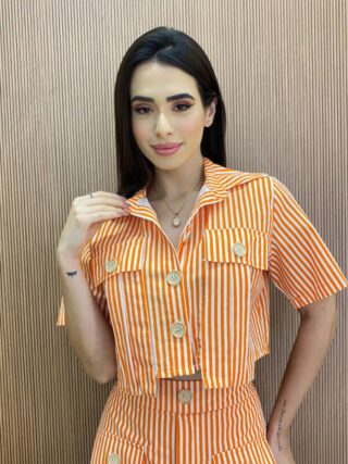 Conjunto Feminino Bia Cropped sem Bojo e Short Saia Listrado Laranja - Fernanda Ramos Store