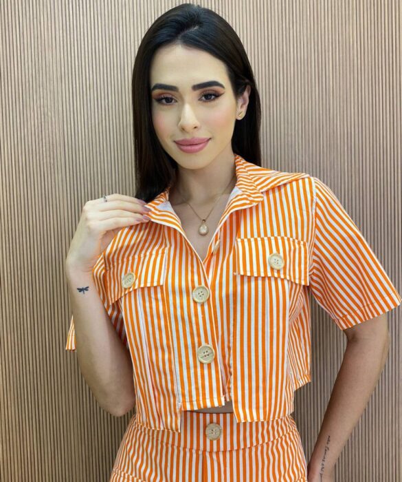 Conjunto Feminino Bia Cropped sem Bojo e Short Saia Listrado Laranja - Fernanda Ramos Store