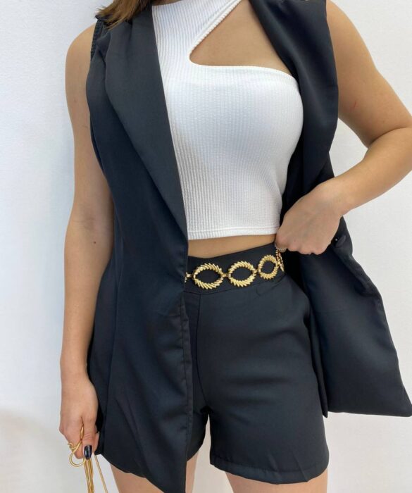 Conjunto Feminino Colete com Botão e Short Preto - Fernanda Ramos Store