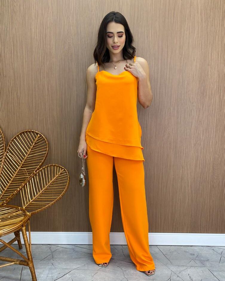 Conjunto Feminino Fernanda Bata Assimétrica e Calça Pantalona Laranja - Fernanda Ramos Store