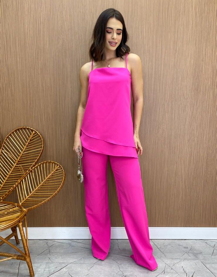 Conjunto Feminino Fernanda Bata Assimétrica e Calça Pantalona Pink - Fernanda Ramos Store