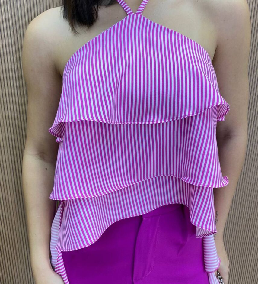 Cropped Bata Feminina sem Bojo Listrada com Babados Fúcsia - Fernanda Ramos Store