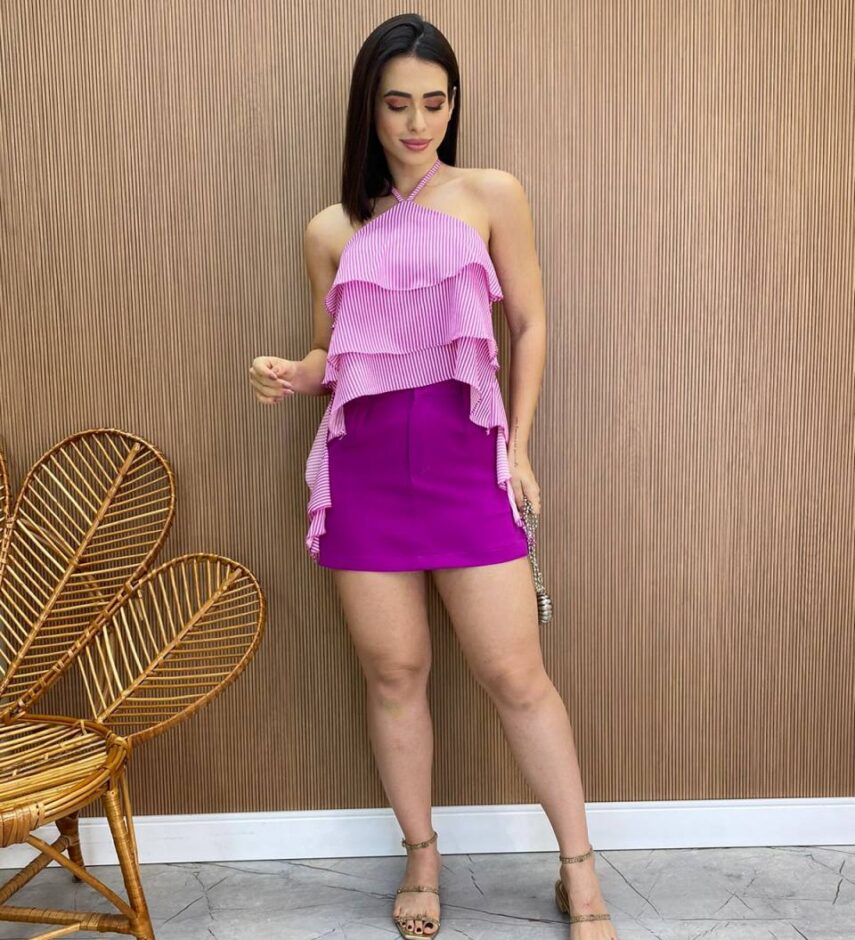 Cropped Bata Feminina sem Bojo Listrada com Babados Fúcsia - Fernanda Ramos Store