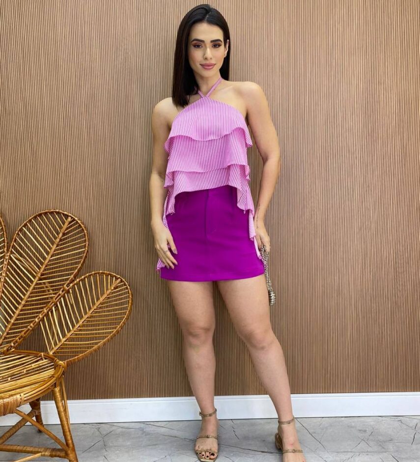 Cropped Bata Feminina sem Bojo Listrada com Babados Fúcsia - Fernanda Ramos Store