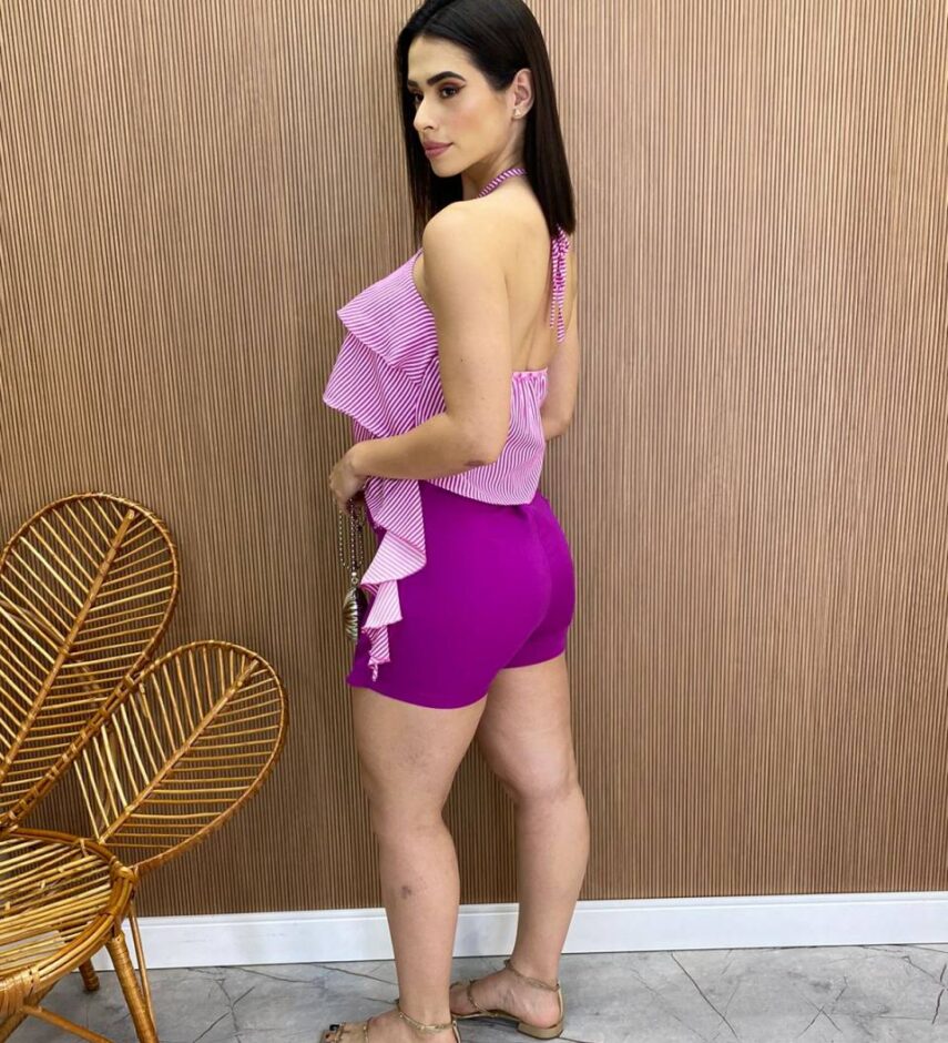 Cropped Bata Feminina sem Bojo Listrada com Babados Fúcsia - Fernanda Ramos Store