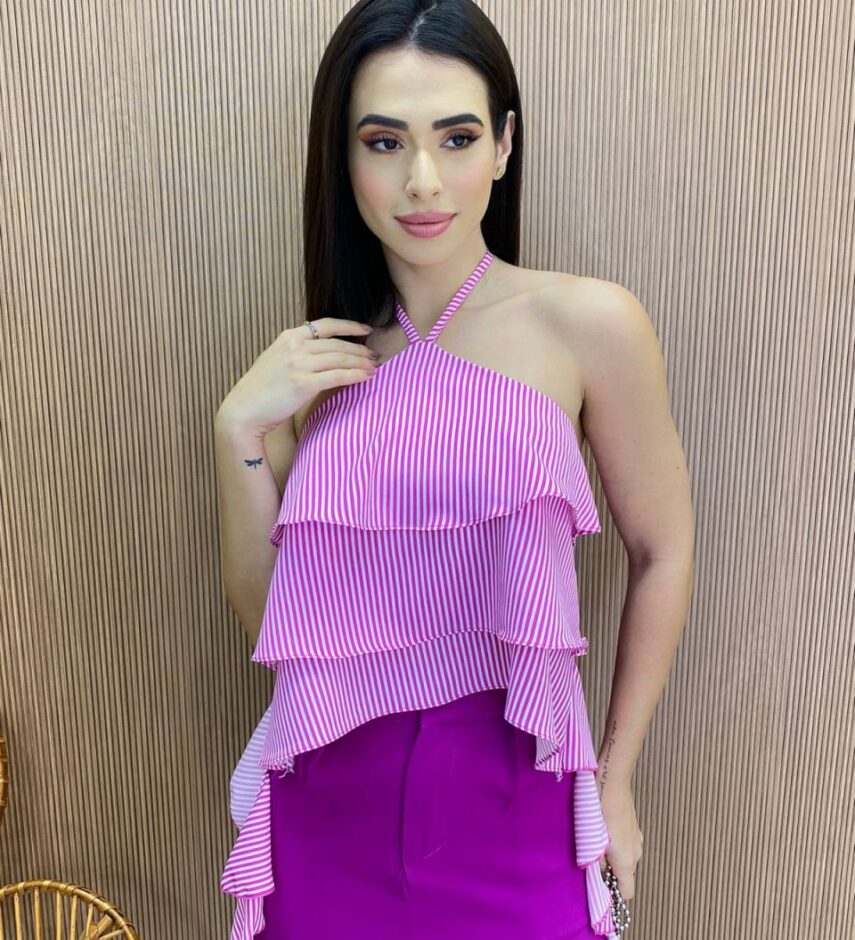 Cropped Bata Feminina sem Bojo Listrada com Babados Fúcsia - Fernanda Ramos Store