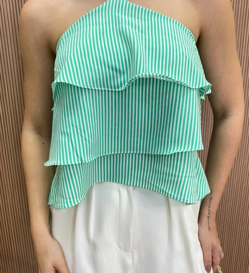 Cropped Bata Feminina sem Bojo Listrada com Babados Verde - Fernanda Ramos Store