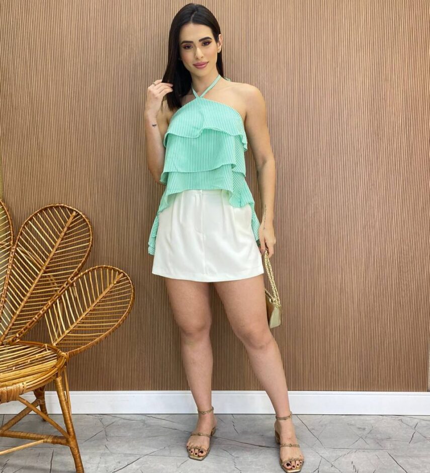 Cropped Bata Feminina sem Bojo Listrada com Babados Verde - Fernanda Ramos Store
