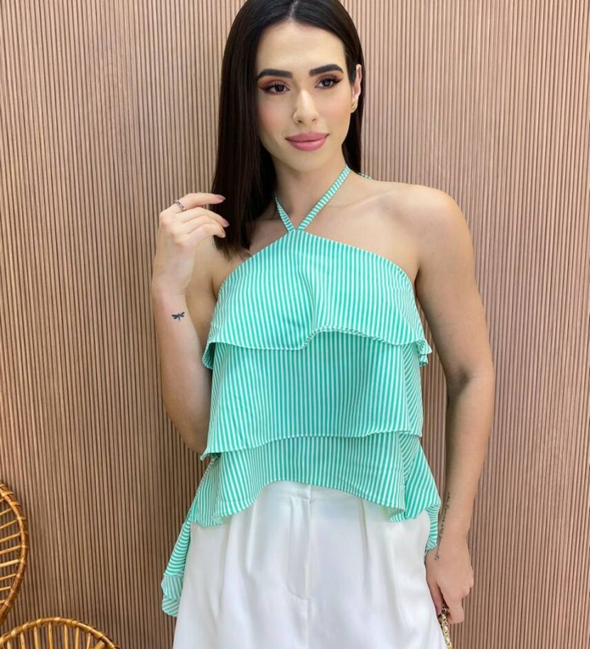 Cropped Bata Feminina sem Bojo Listrada com Babados Verde - Fernanda Ramos Store