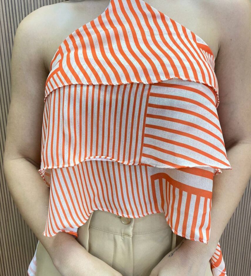 Cropped Bata Feminino sem Bojo com Babados Listrado Laranja - Fernanda Ramos Store