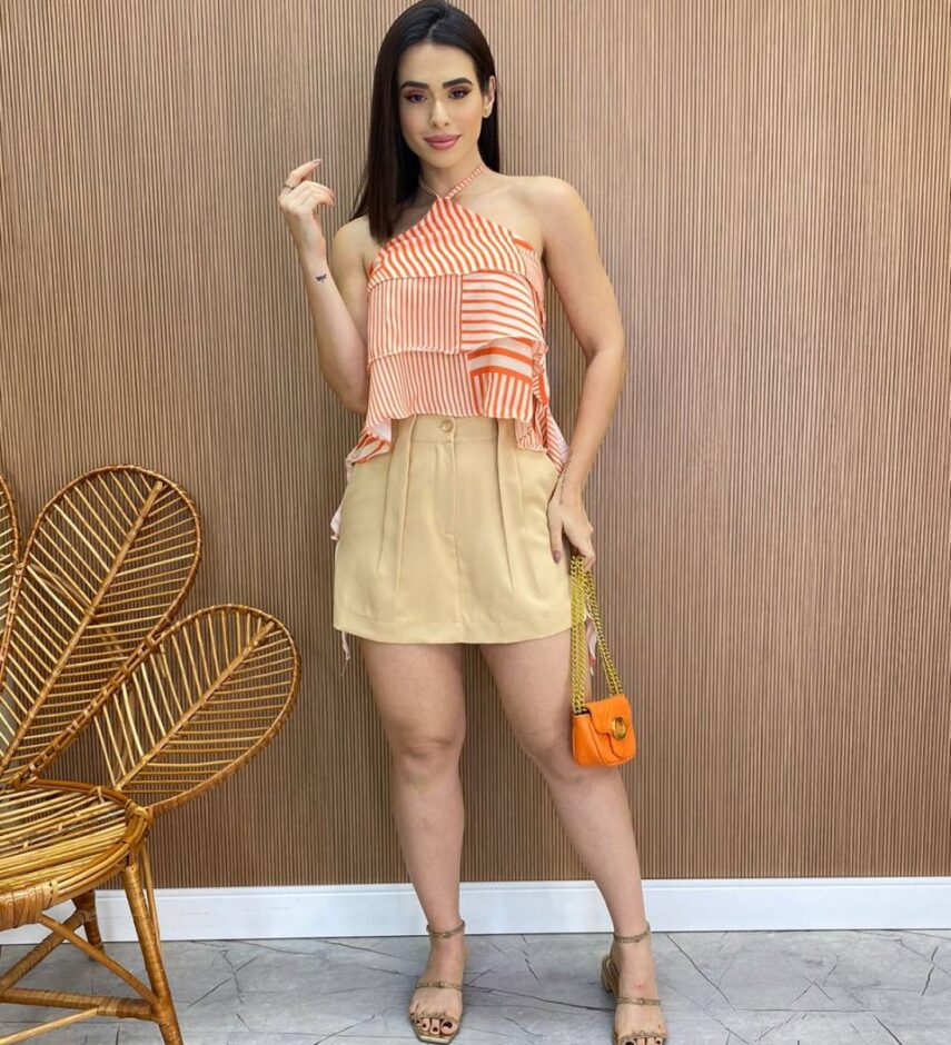 Cropped Bata Feminino sem Bojo com Babados Listrado Laranja - Fernanda Ramos Store