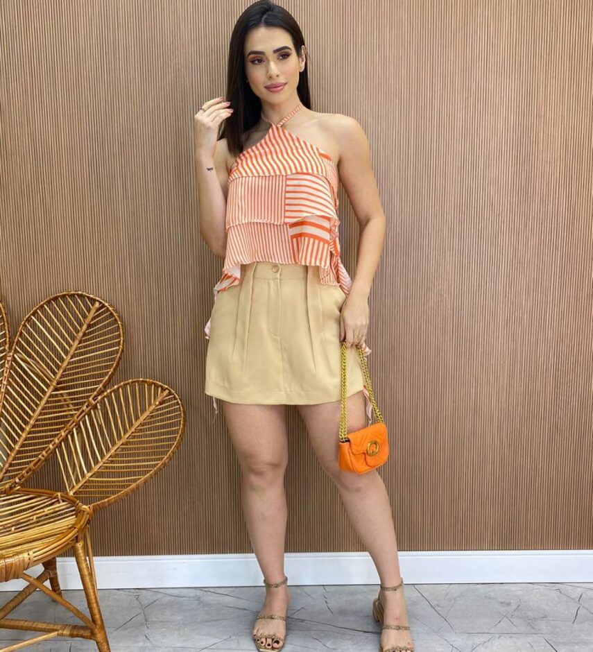 Cropped Bata Feminino sem Bojo com Babados Listrado Laranja - Fernanda Ramos Store
