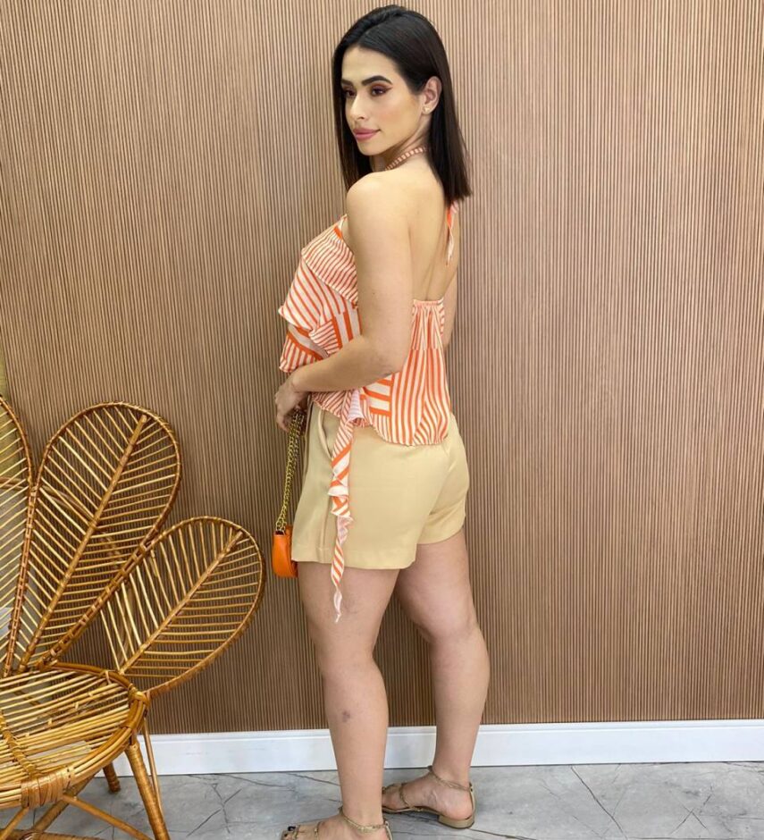 Cropped Bata Feminino sem Bojo com Babados Listrado Laranja - Fernanda Ramos Store