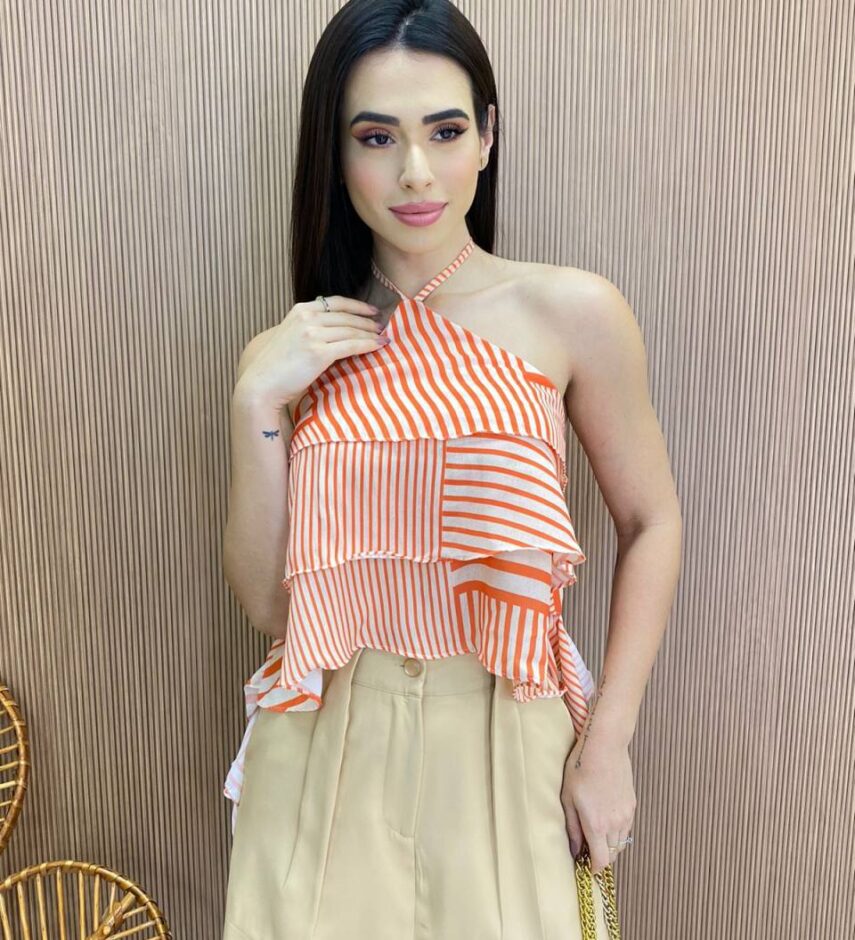 Cropped Bata Feminino sem Bojo com Babados Listrado Laranja - Fernanda Ramos Store