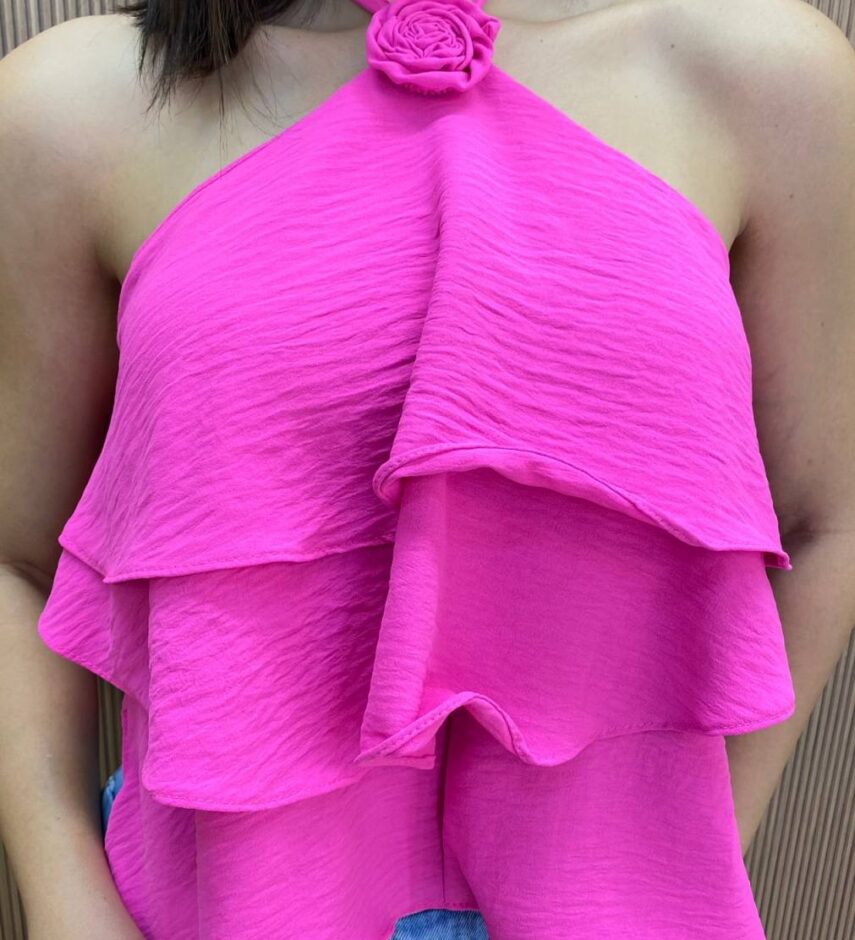 Cropped Bata Feminino sem Bojo com Babados Pink Flúor - Fernanda Ramos Store