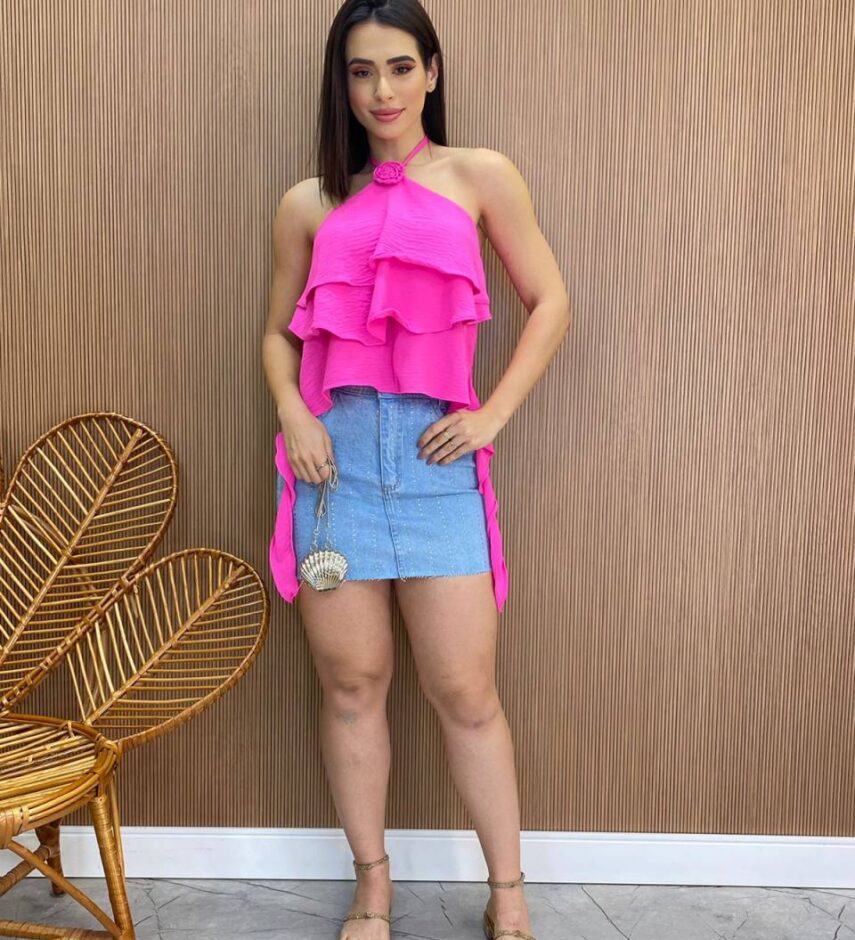 Cropped Bata Feminino sem Bojo com Babados Pink Flúor - Fernanda Ramos Store