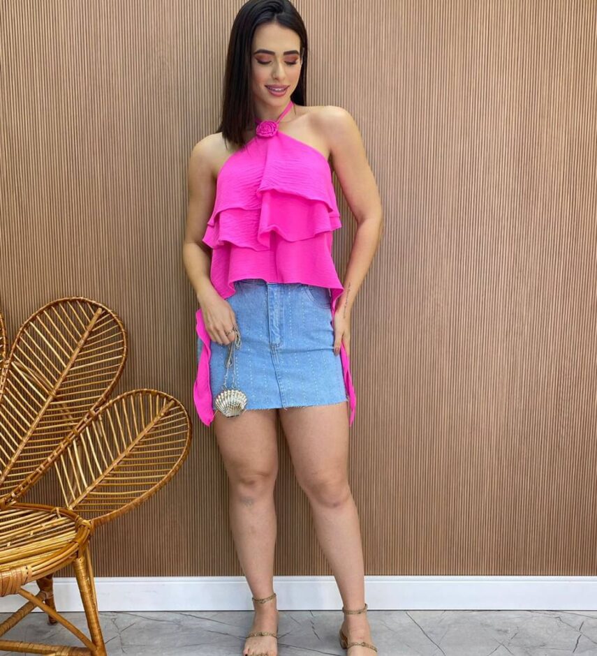 Cropped Bata Feminino sem Bojo com Babados Pink Flúor - Fernanda Ramos Store